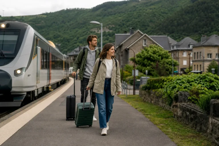 Viaggiare in modo sostenibile: viaggiatori raggiungono una destinazione in treno con bagagli leggeri
