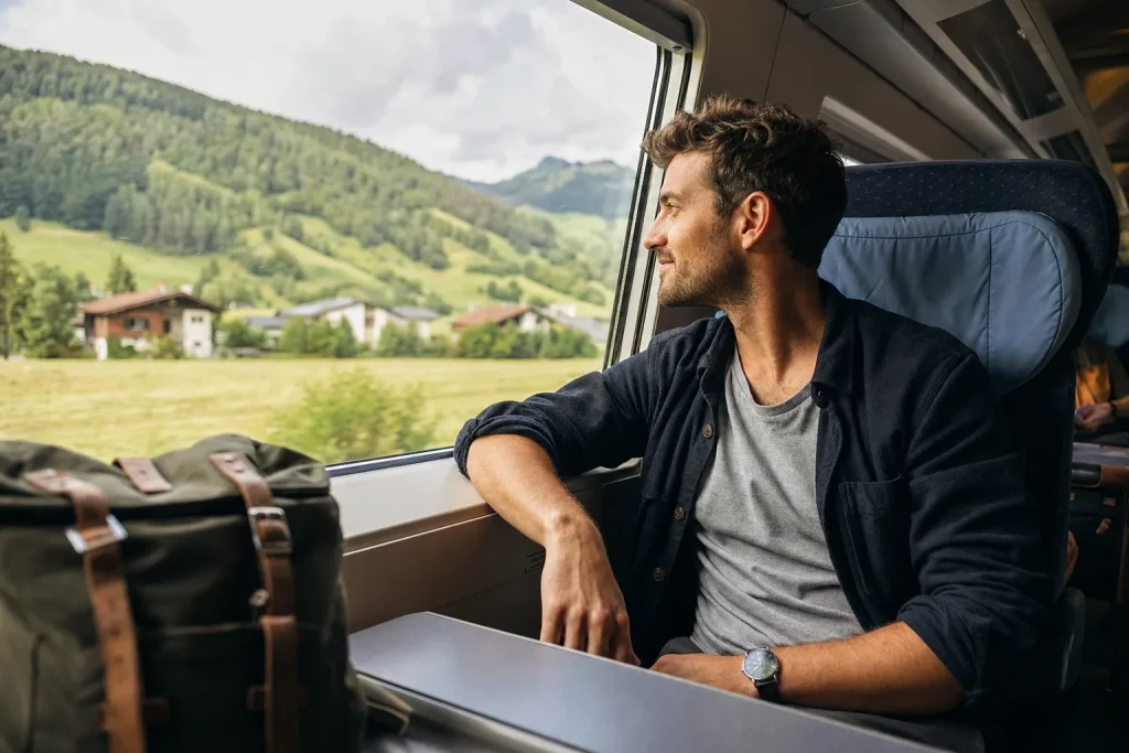 Viaggiatrice sola osserva il paesaggio da un treno europeo