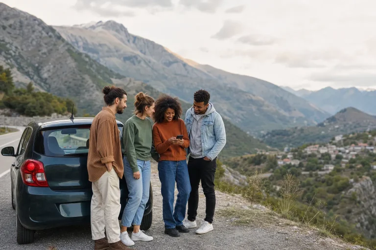 Quattro viaggiatori accanto a un’auto su una strada panoramica in Albania