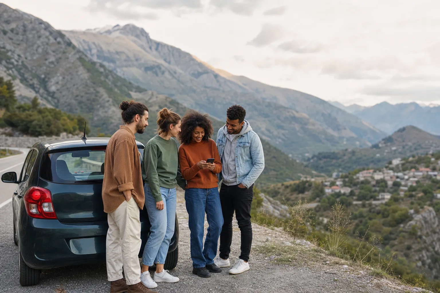 Quattro viaggiatori accanto a un’auto su una strada panoramica in Albania