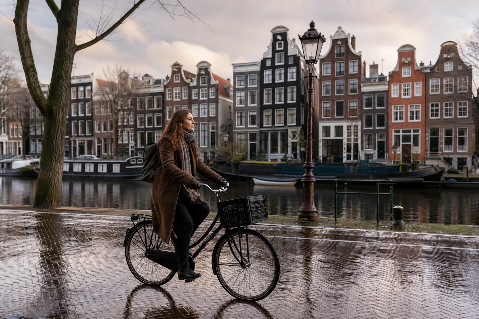 Viaggiatrice in bicicletta lungo un canale di Amsterdam dopo la pioggia