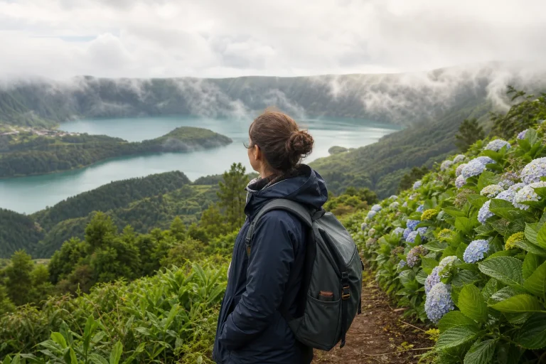 Viaggiatrice davanti a un lago vulcanico durante un viaggio alle Azzorre