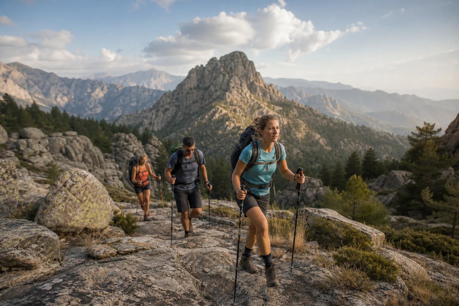 Escursionisti su un sentiero di granito durante un trekking in Corsica