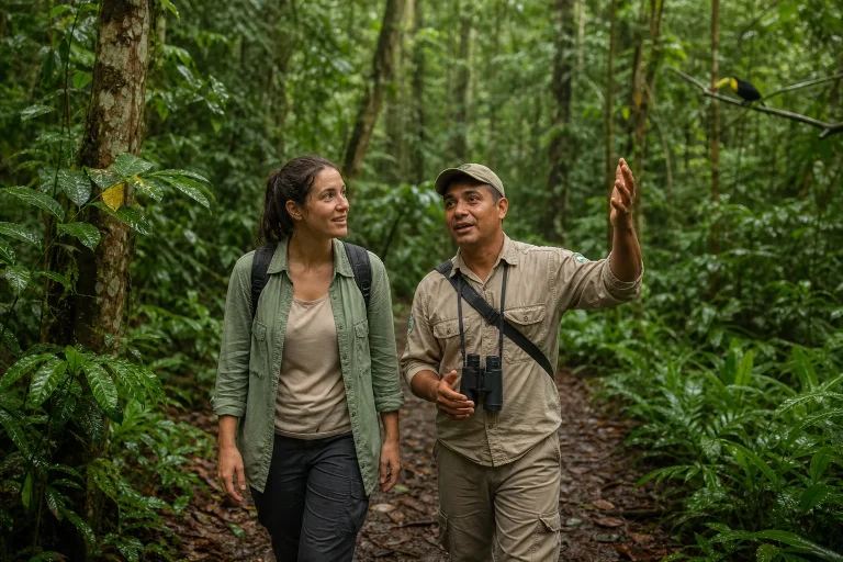 Viaggiatrice su un sentiero nella foresta durante un viaggio sostenibile in Costa Rica