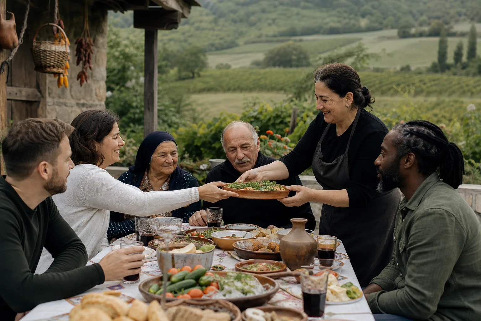 Viaggiatori intorno a una tavola tradizionale durante un viaggio in Georgia