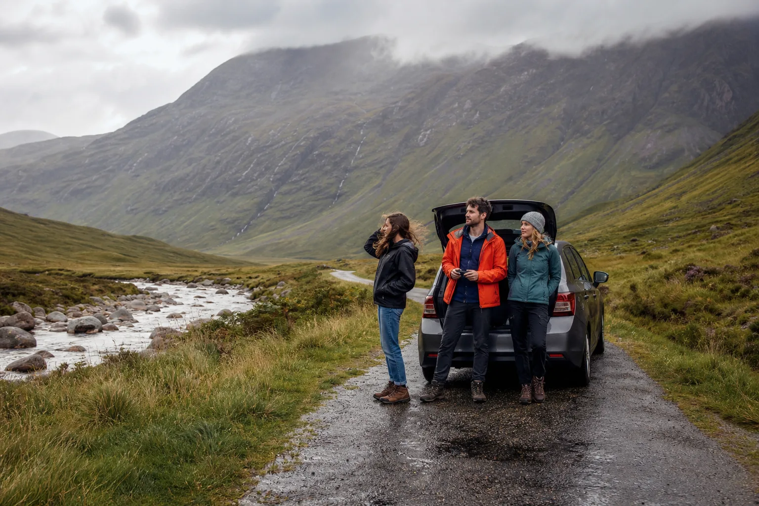 Piccolo gruppo con auto su una strada di montagna nelle Highlands scozzesi