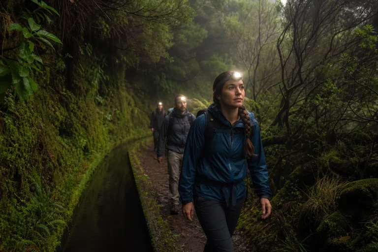 Escursionisti lungo una levada nella foresta di Madeira
