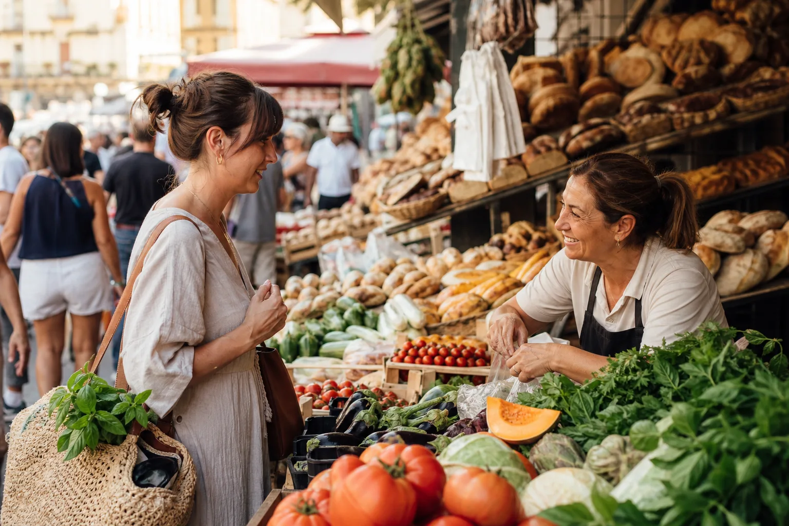 Viaggiatrice in un mercato alimentare durante un weekend gastronomico a Napoli