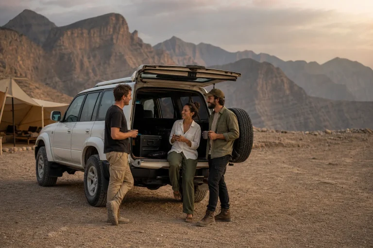Piccolo gruppo accanto a un fuoristrada durante un road trip in Oman