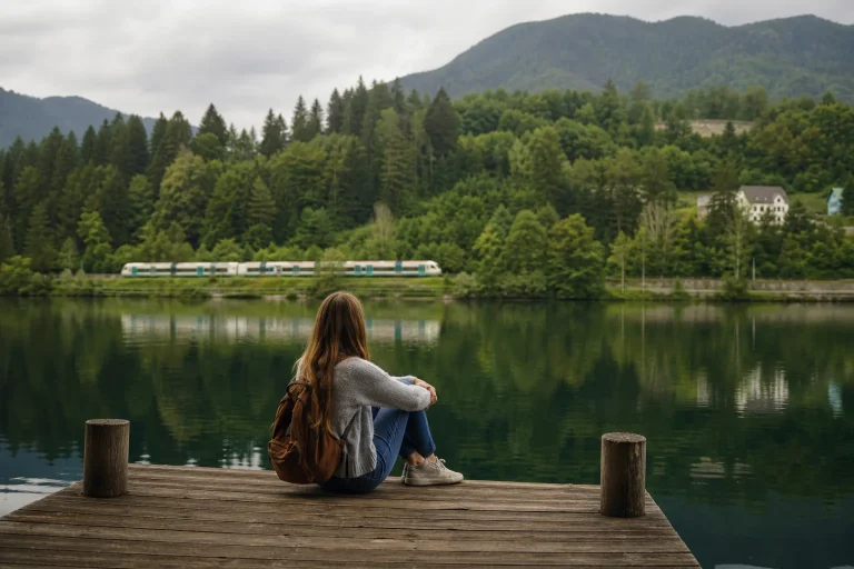 Viaggiatrice seduta vicino a un lago alpino durante un viaggio lento in Slovenia
