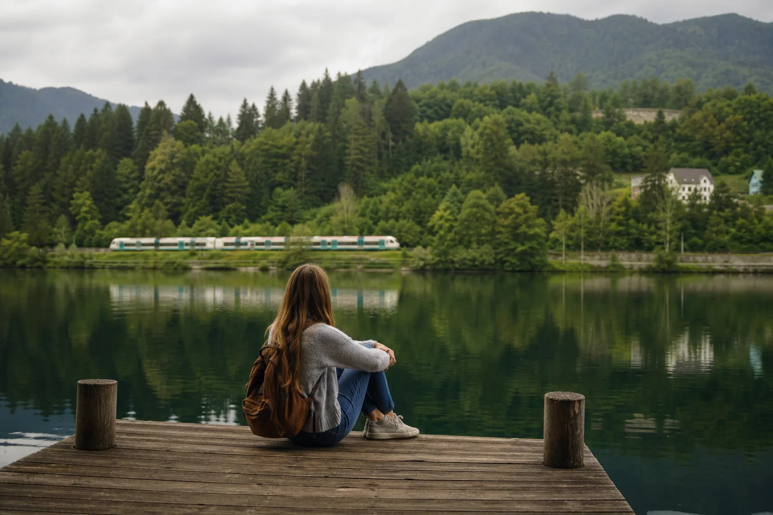 Viaggiatrice seduta vicino a un lago alpino durante un viaggio lento in Slovenia