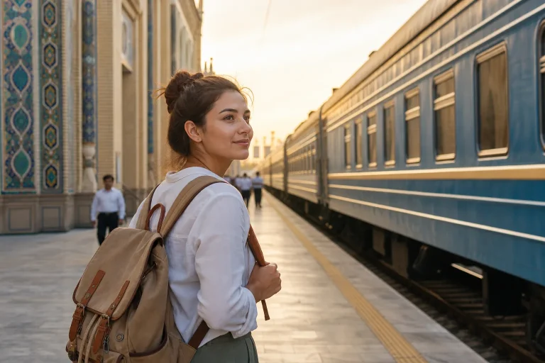 Viaggiatrice sul binario davanti a un treno durante un viaggio in Uzbekistan